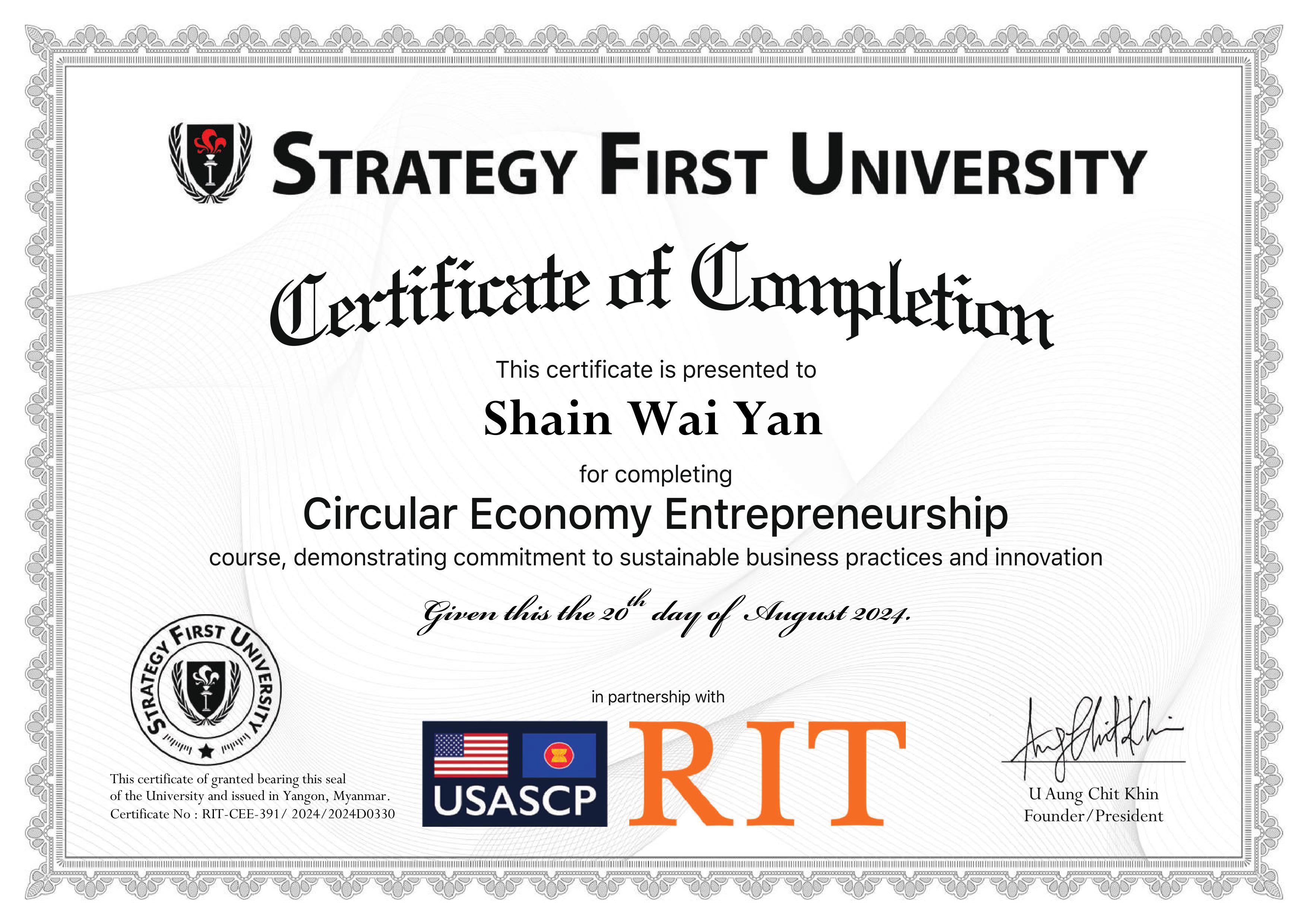 Certificate of completion in Circular Entrepreneurship Training
