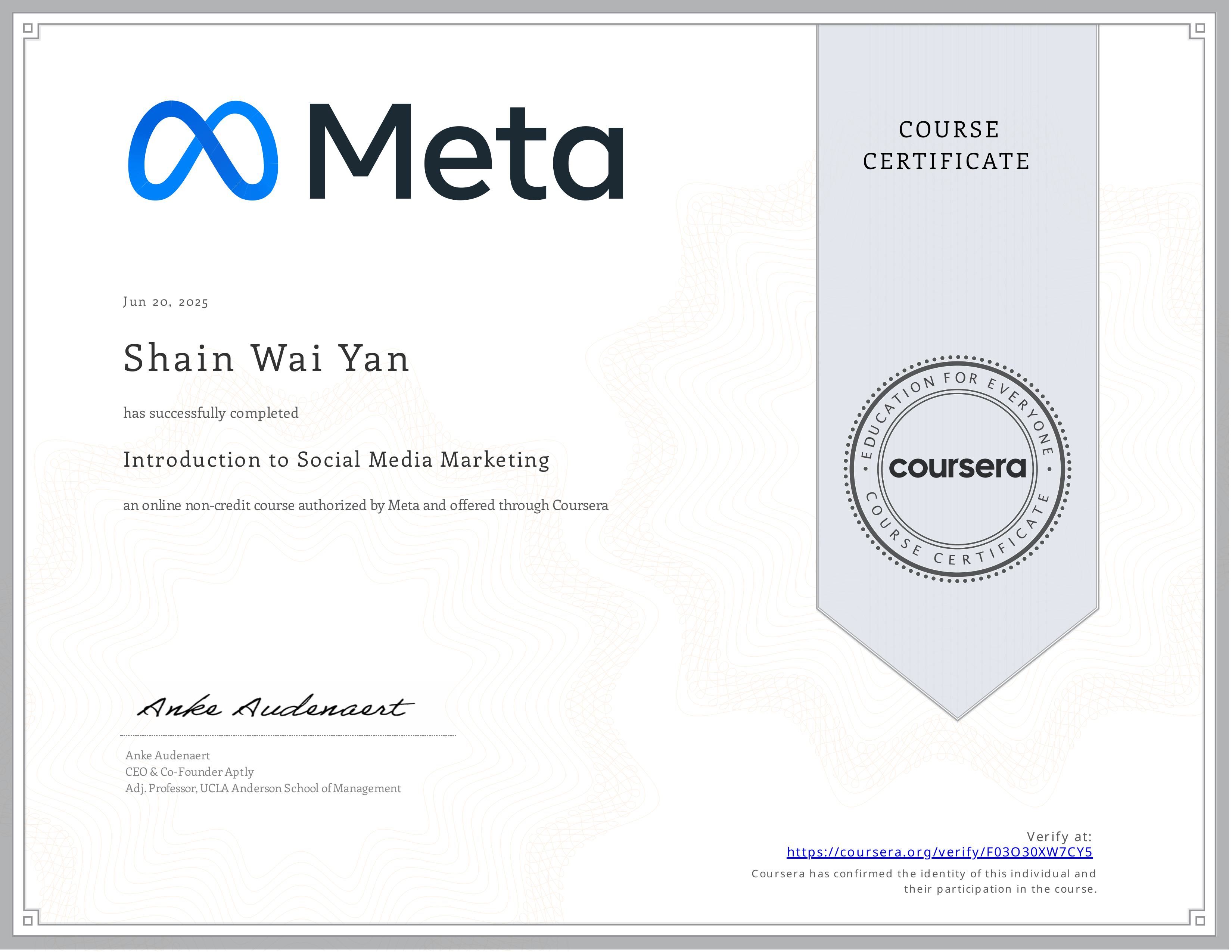 Meta certificate in Introduction to Social Media Marketing