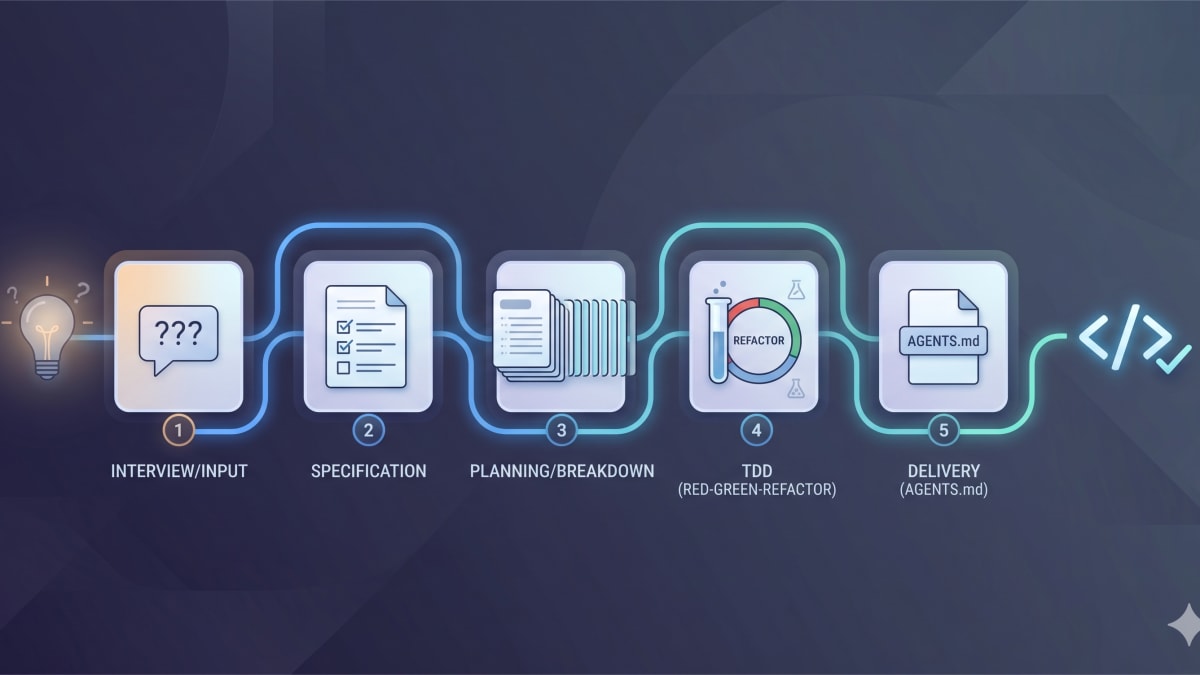 A pipeline of five agent skills feeding into each other, from idea to shipped code