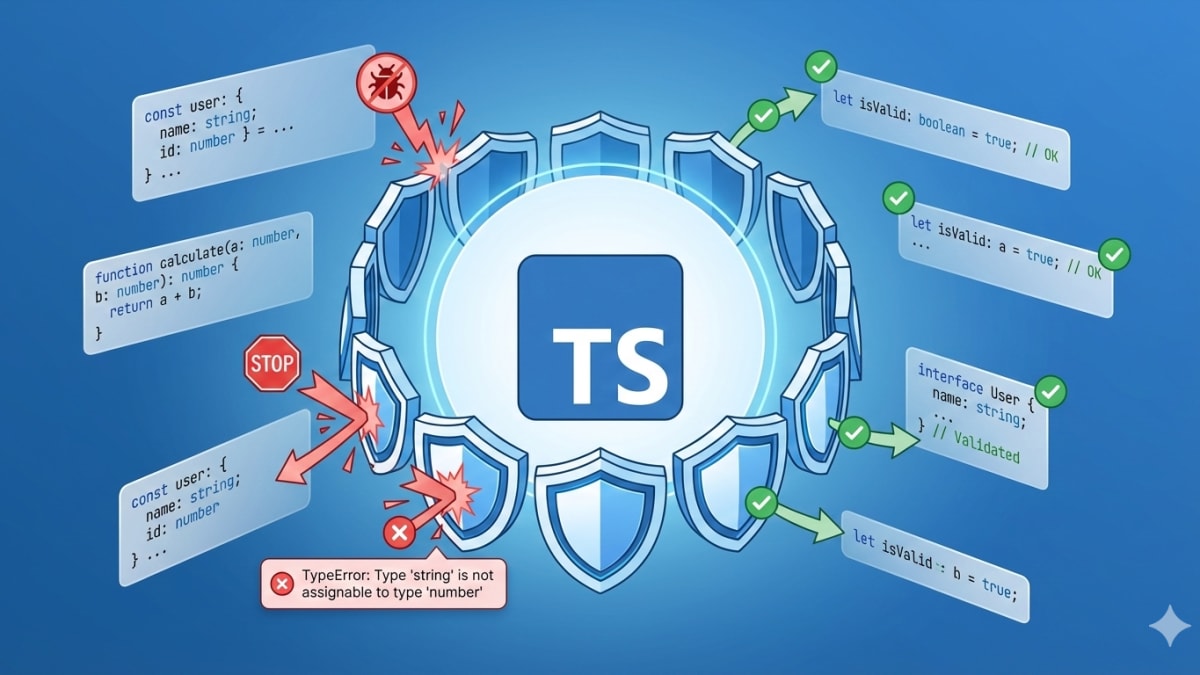 Escudo de seguridad de tipos de TypeScript protegiendo el código de bugs