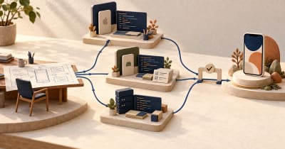 A blueprint dispatches work to separate workstations that converge at a verified integration point