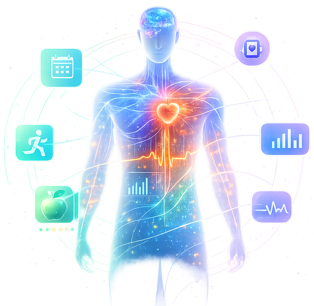 Future vision: a glowing translucent human figure on a starfield with neural light in the brain, an orange heart and EKG line across the chest, data clouds and a bar chart in the torso, and six orbital icons: calendar, running, nutrition, wearable, analytics, and vital signs.