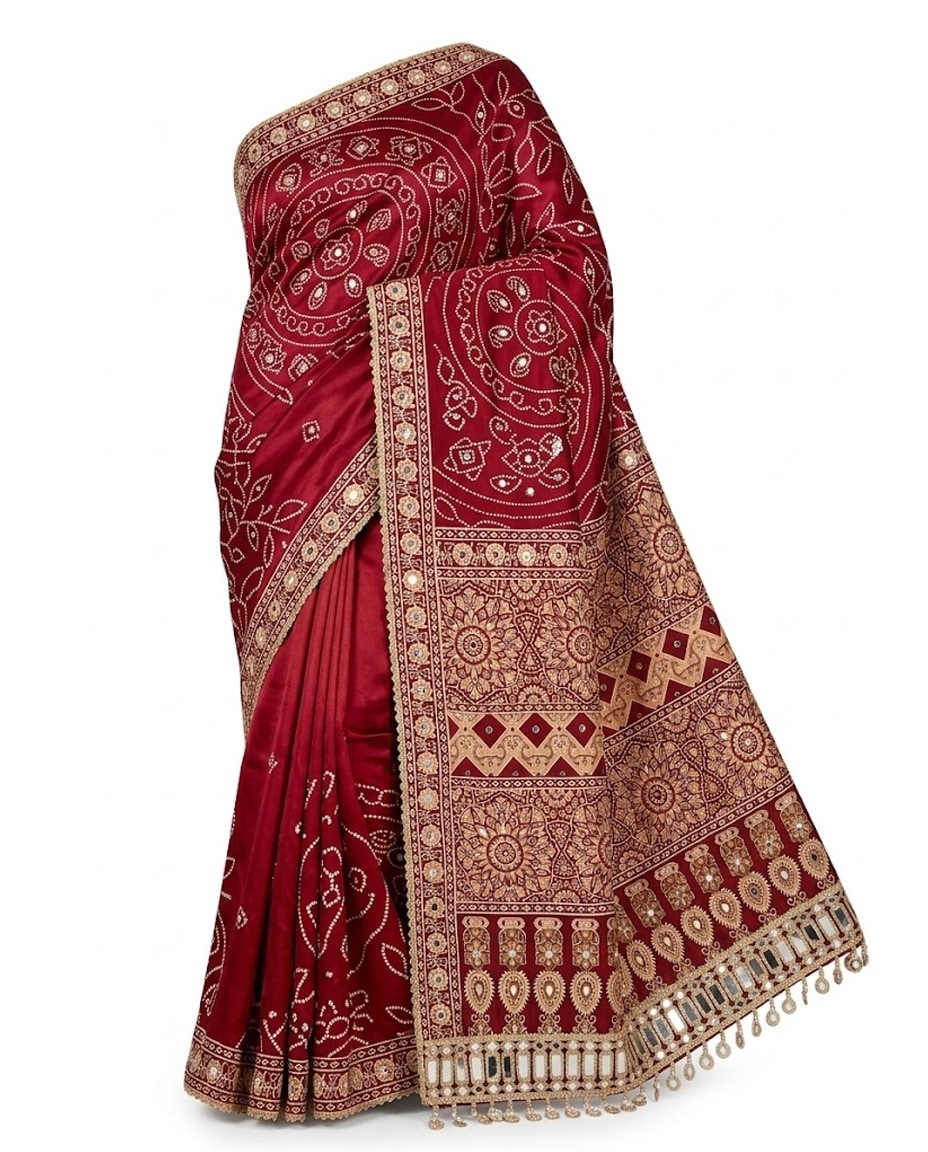 Premium Ajrakh Print Satin Viscose Silk Saree with Handcrafted Mirror Work