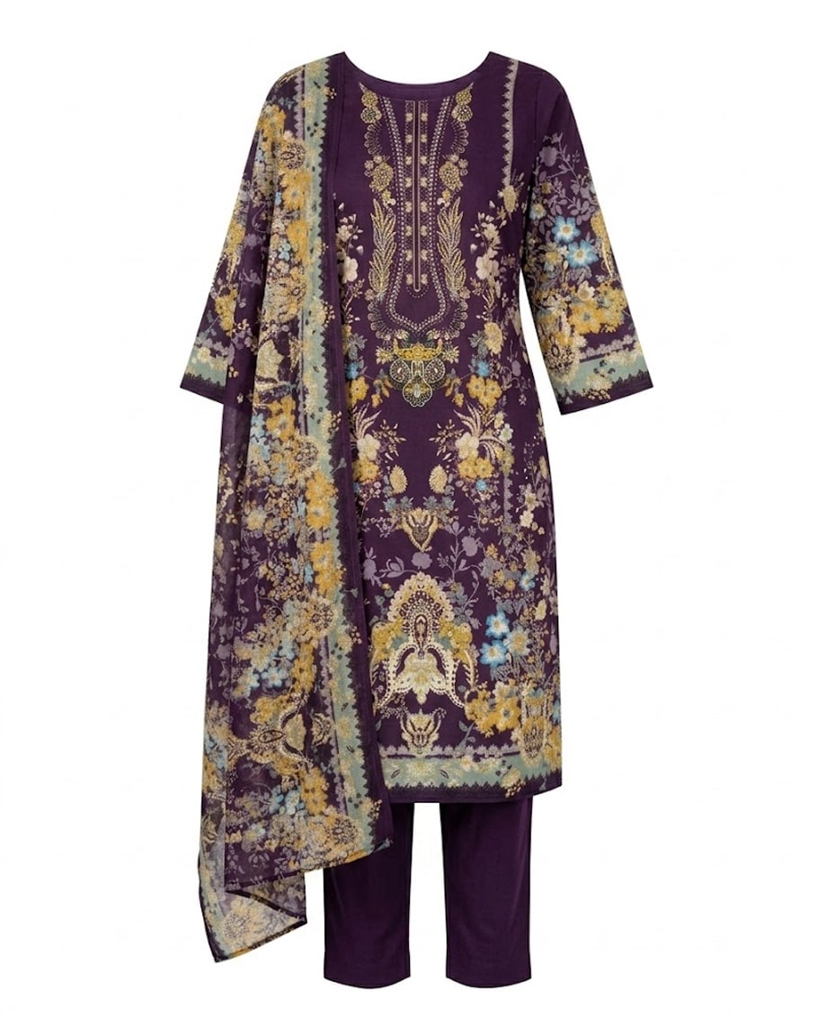Premium Deep Purple Embroidered Floral Kurta Set with Dupatta