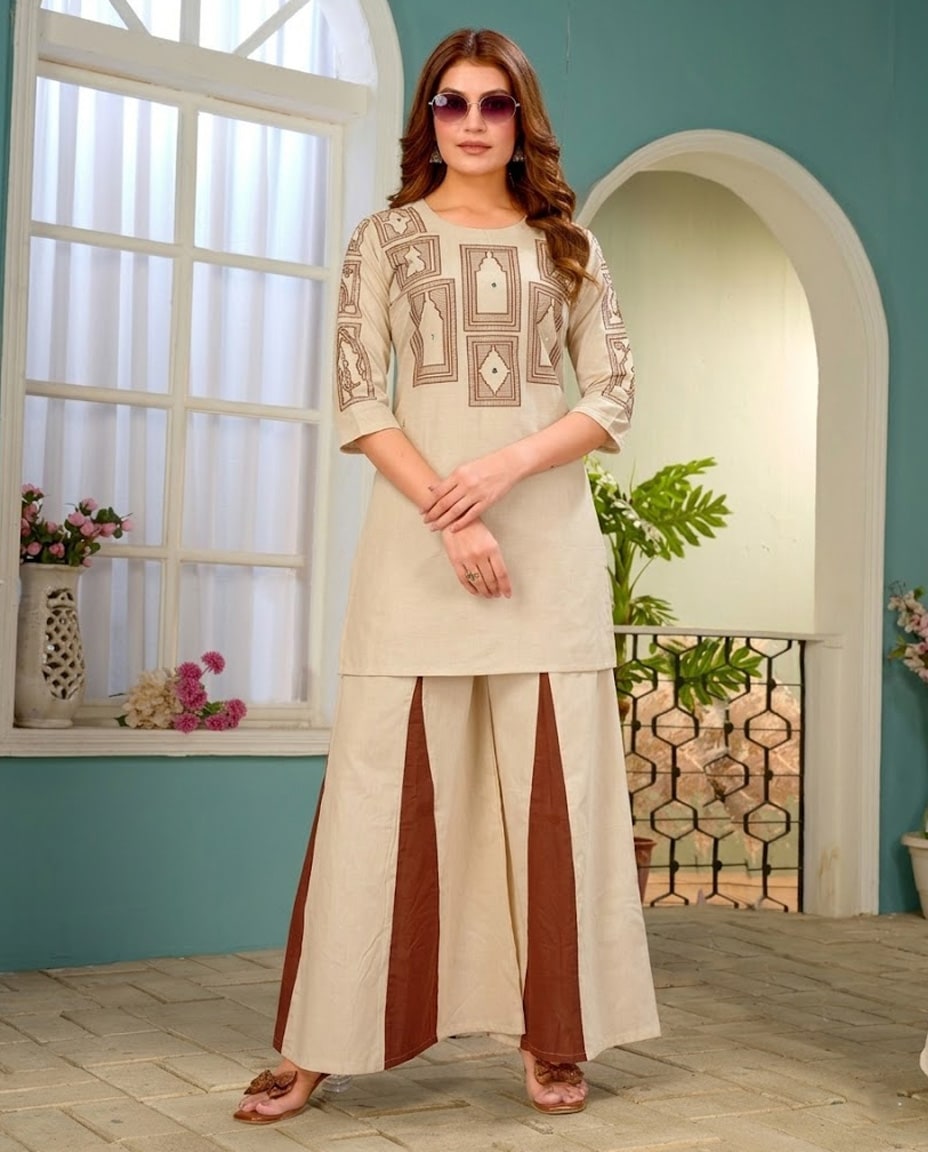 Premium Dabu Cotton Embroidered Kurti Co-ord Set with Paneled Palazzo