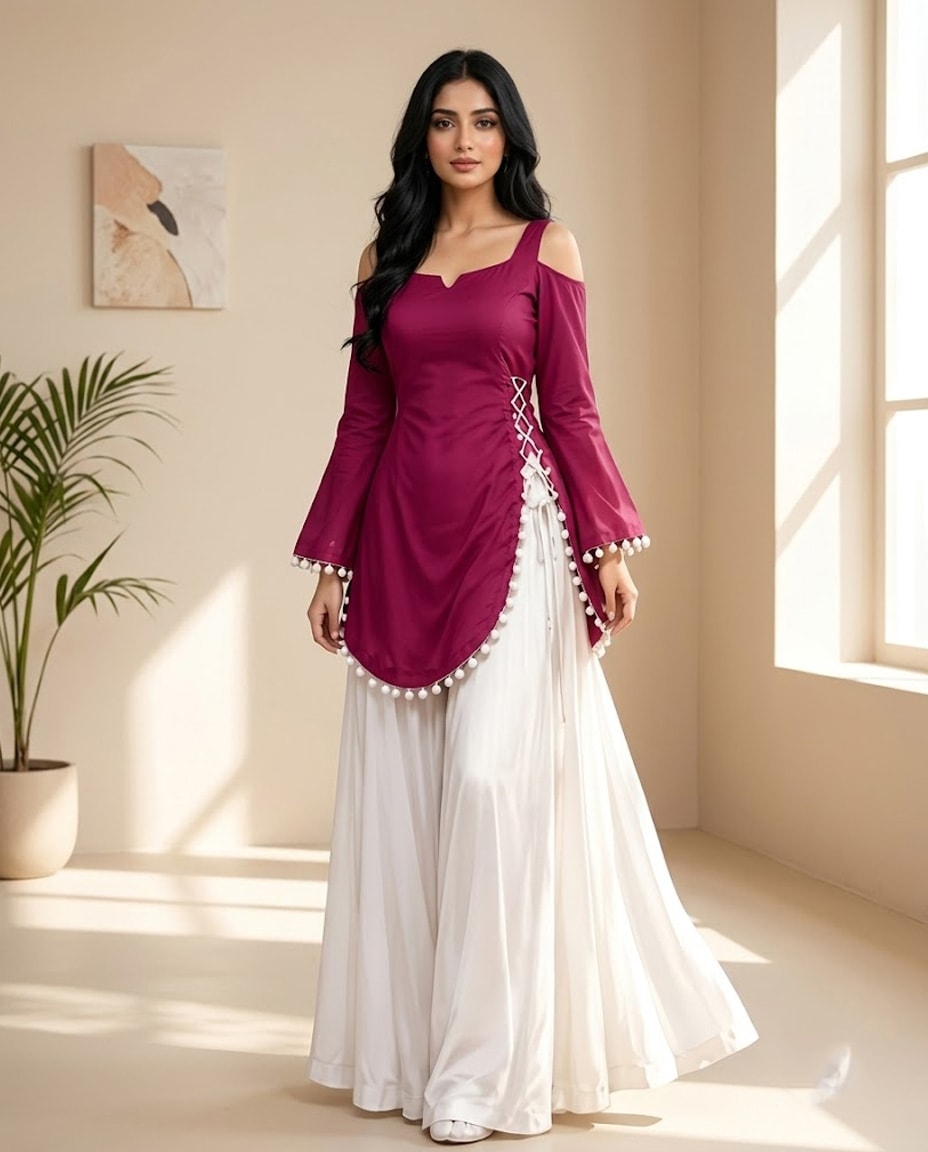 Women's Indo-Western Cold-Shoulder Magenta Tunic Kurta