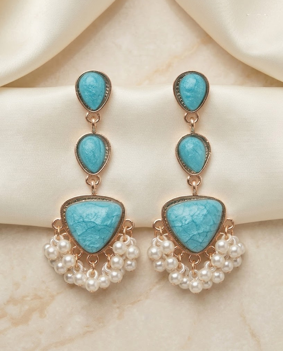 Empress Vintage Resin Stone Dangle Statement Earrings with Pearl Fringe — Jewellery — Rajdevi Collection