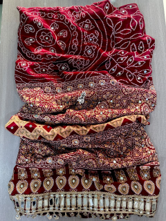 Premium Ajrakh Print Satin Viscose Silk Saree with Handcrafted Mirror Work