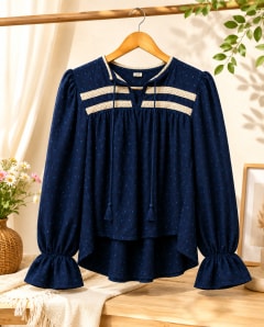 Women's Boho Long Sleeve Peplum Blouse with Lace Detail — Womens — Rajdevi Collection