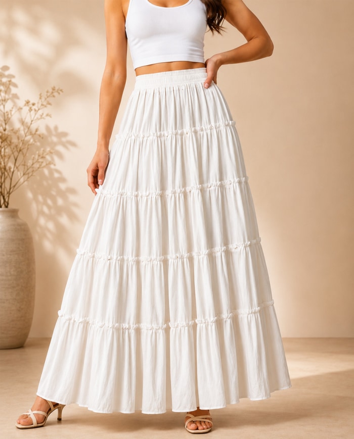 Women's White Tiered Maxi Skirt | Elastic Waist Flowy Long Skirt