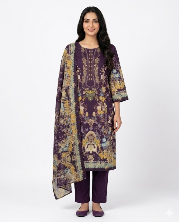 Premium Deep Purple Embroidered Floral Kurta Set with Dupatta