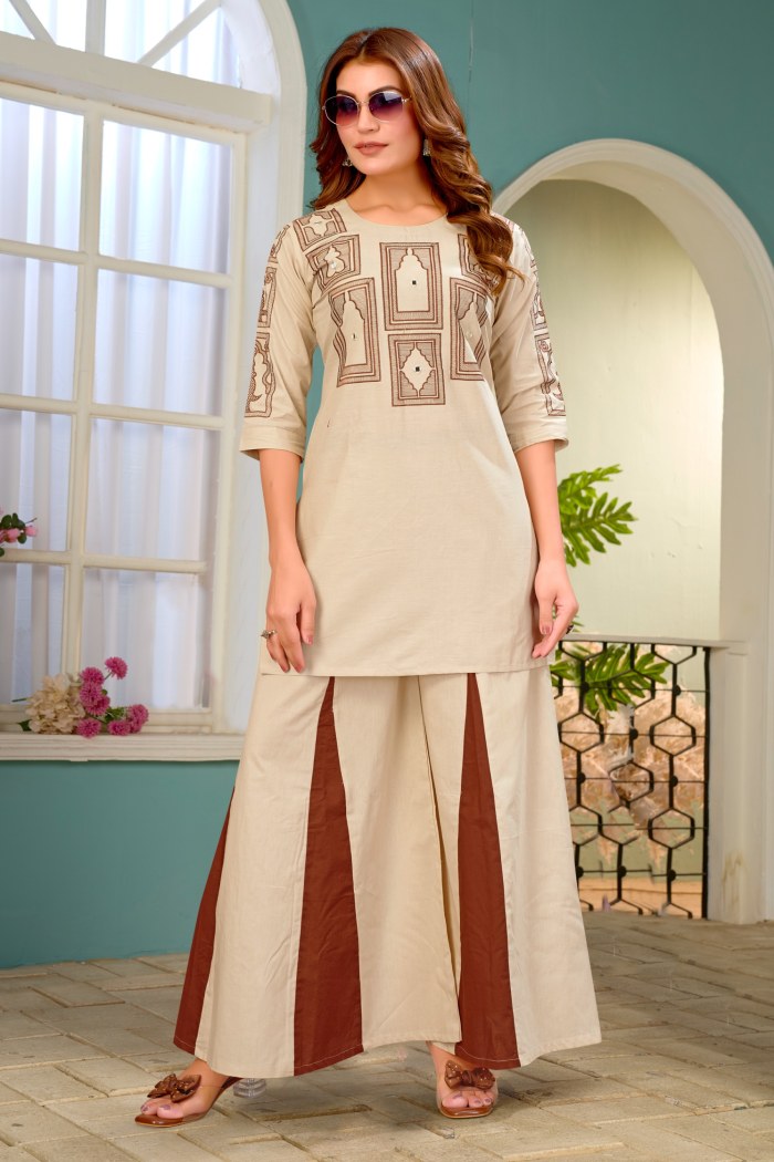 Premium Dabu Cotton Embroidered Kurti Co-ord Set with Paneled Palazzo