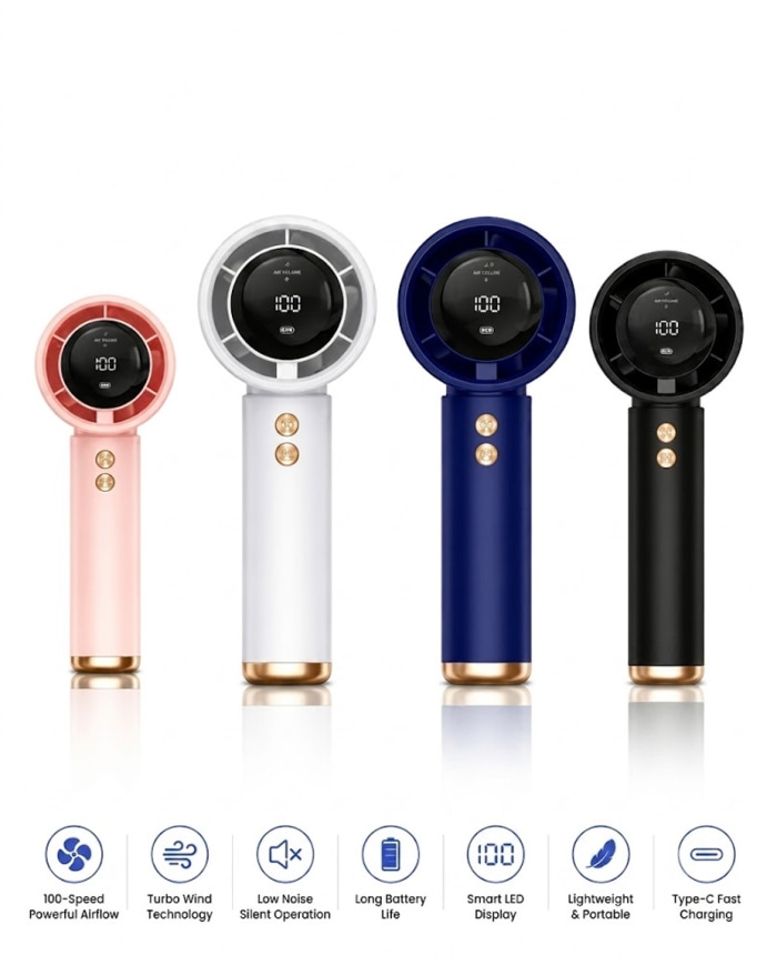 New High-Speed Handheld Turbofan USB Rechargeable Mini Fan with Smart LED Screen Display, 1-100 Speed Levels, Ultra-Long Battery Life