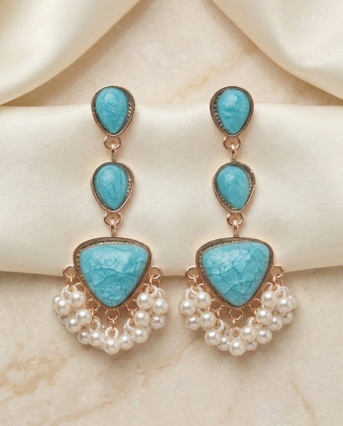 Empress Vintage Resin Stone Dangle Statement Earrings with Pearl Fringe