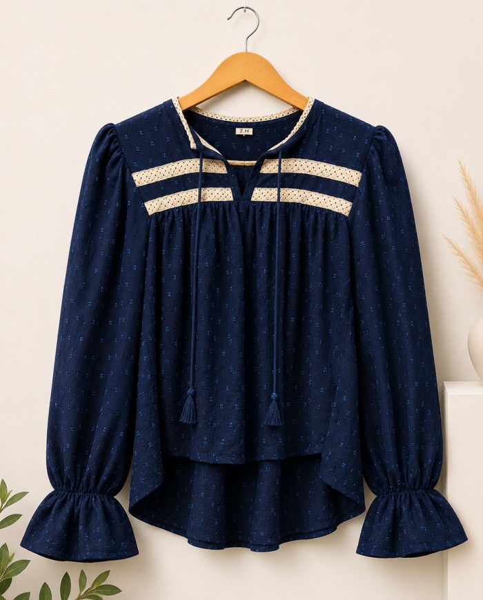 Women's Boho Long Sleeve Peplum Blouse with Lace Detail | Premium Textured Top
