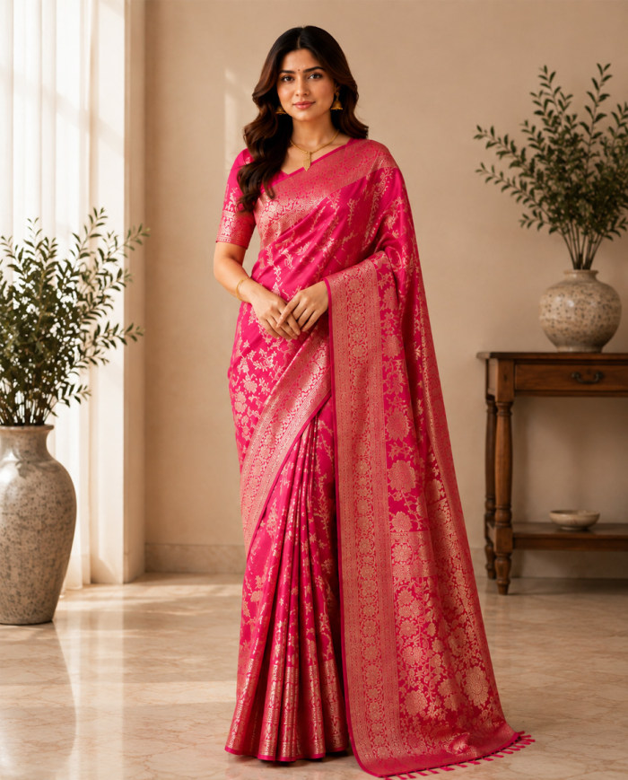Women's Premium Red Dolla Silk Saree with Rich Jacquard Woven Border & Tassel Pallu