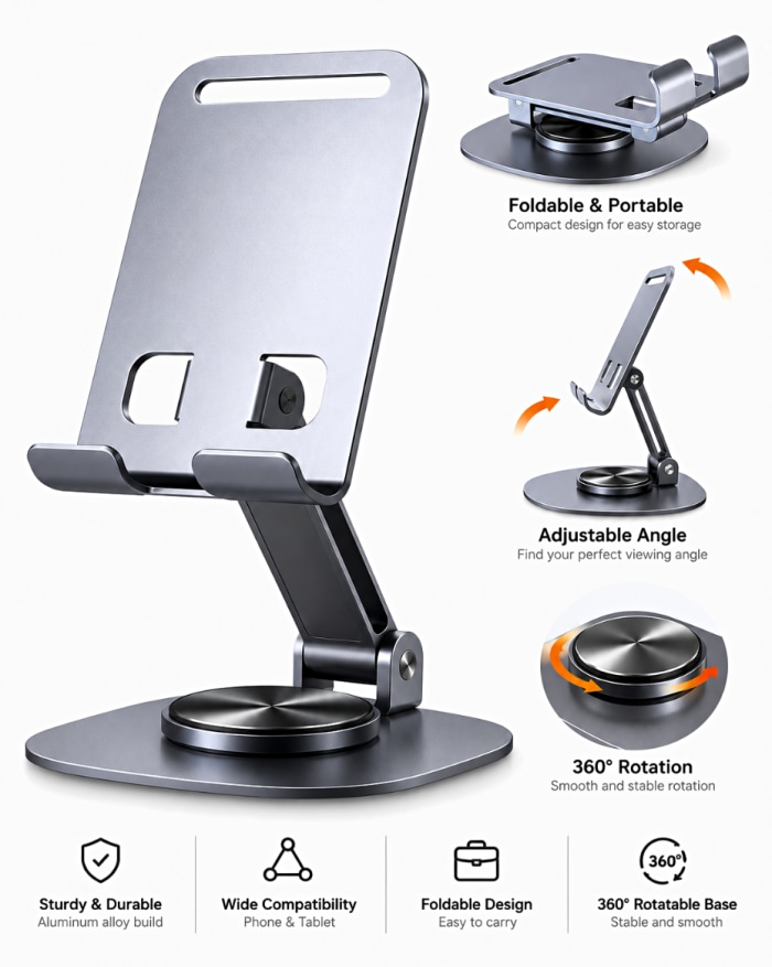 360° Rotating Adjustable Foldable Mobile Phone Stand – Aluminum Desk & Bed Holder