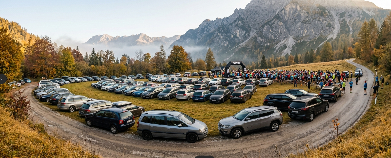 Départ d'un trail — plusieurs centaines de coureurs sous l'arche Wild Trail