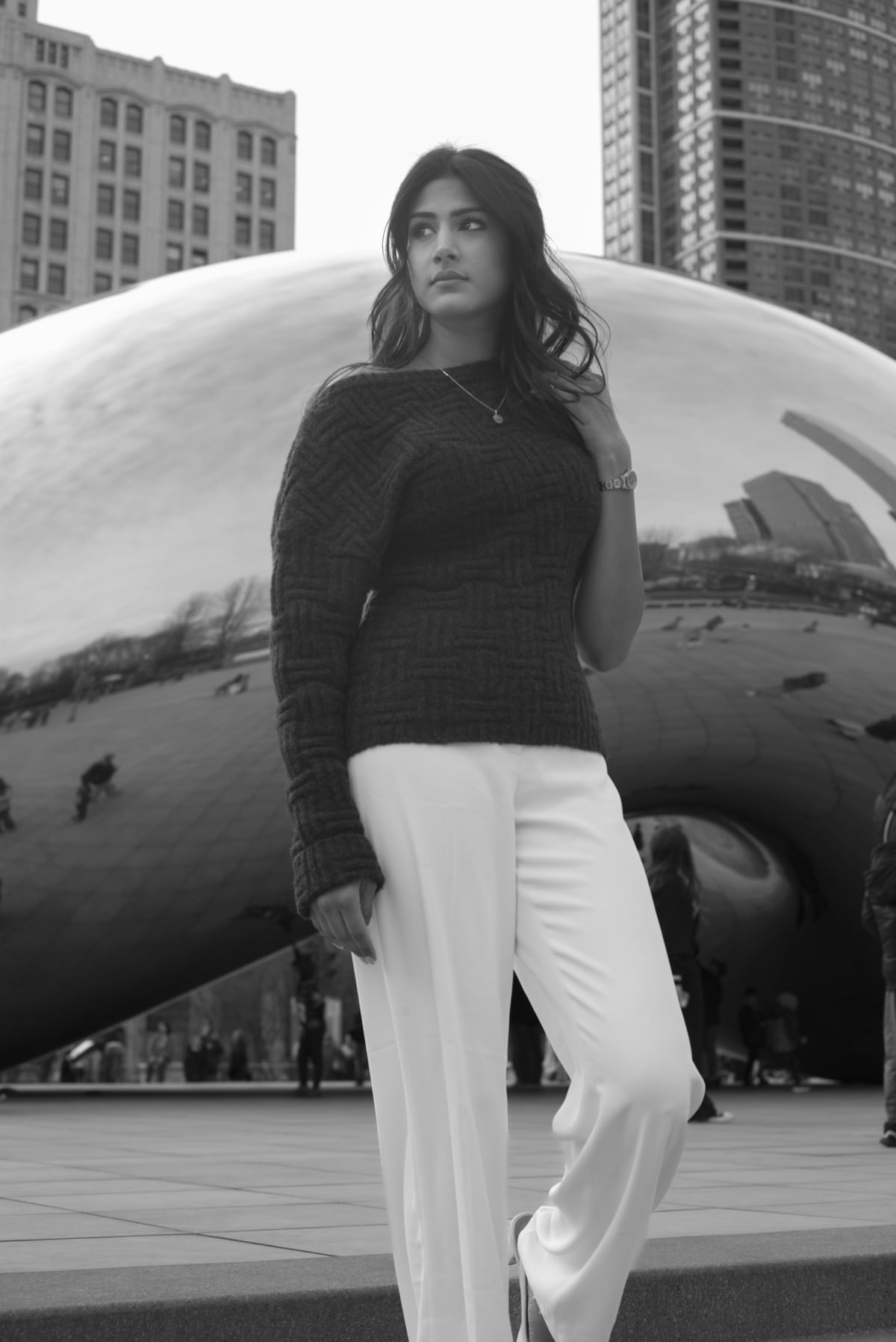 Black and white Chicago street photograph — At The Bean