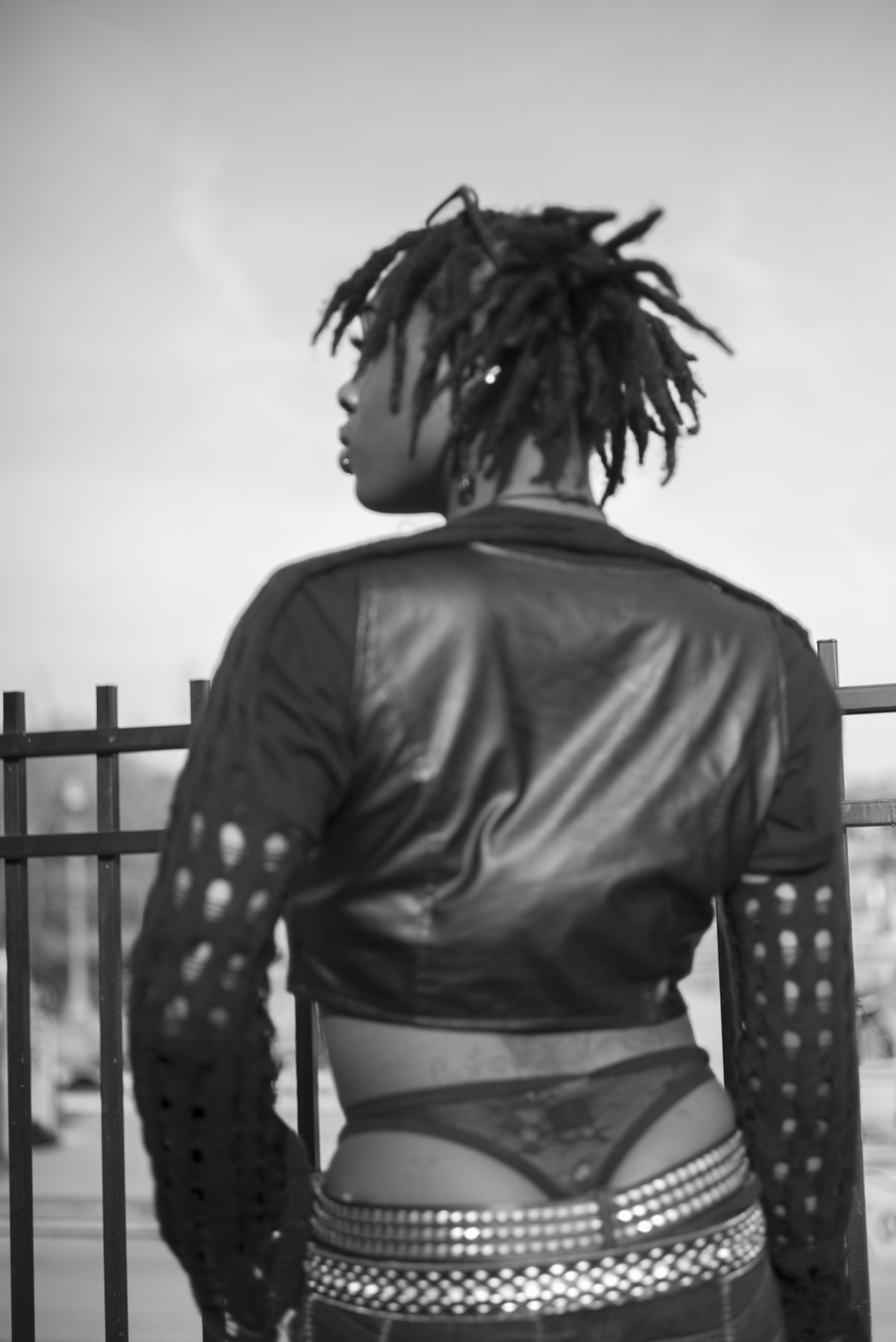 Black and white Chicago street photograph — Voni at Grant Skate Park