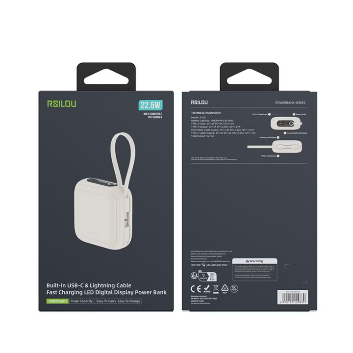 R1021-001 Power Bank - بنك طاقة 10000 مللي أمبير - كابلات مدمجة - شاشة رقمية - شحن سريع 22.5 واط - 3