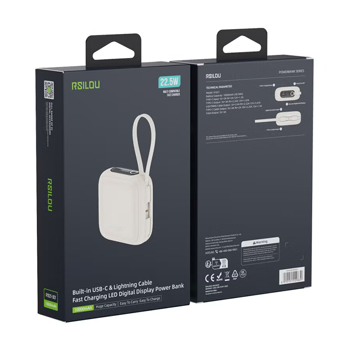 R1021-001 Power Bank - بنك طاقة 10000 مللي أمبير - كابلات مدمجة - شاشة رقمية - شحن سريع 22.5 واط - 4