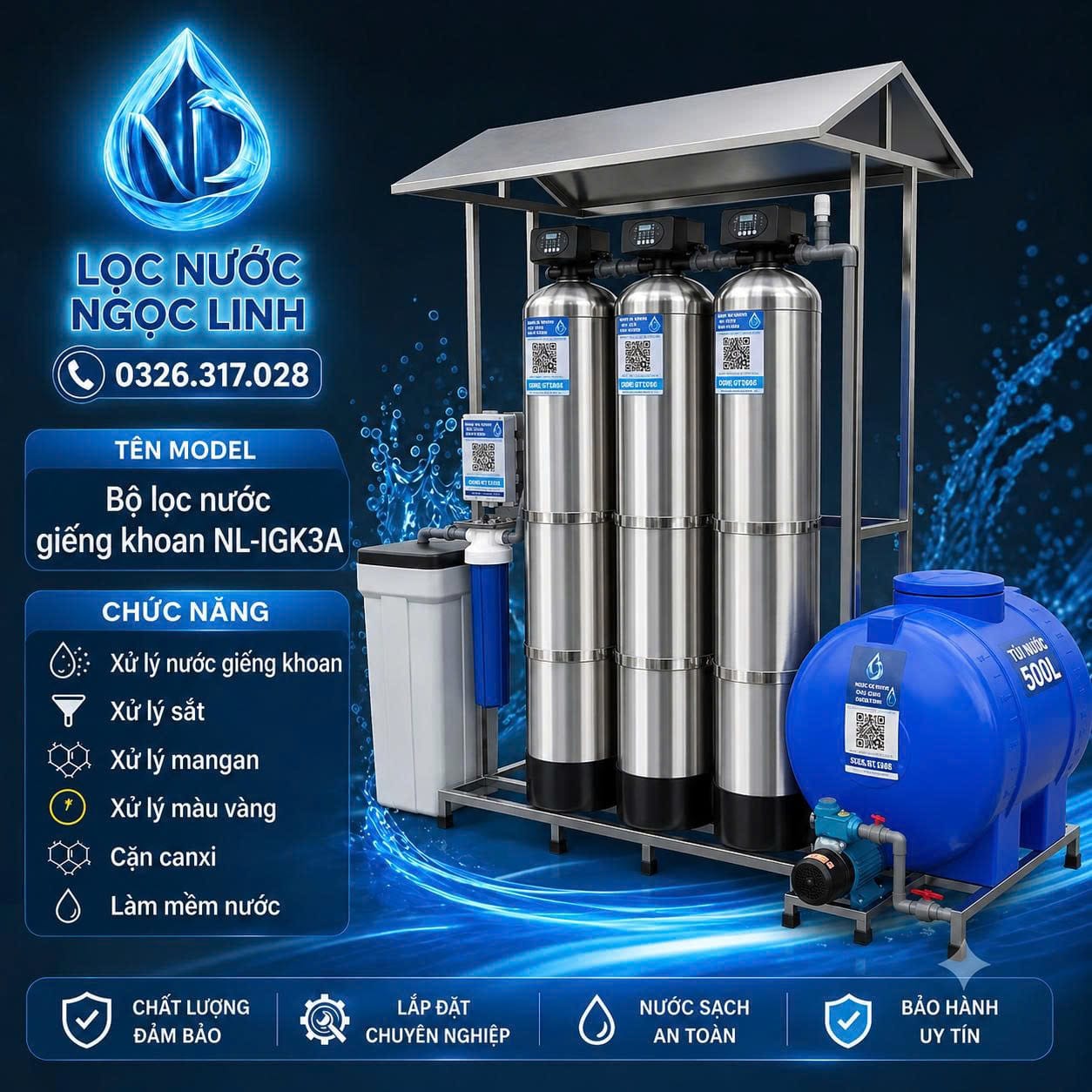 Bộ Lọc Nước Giếng Khoan NL-IGK3A – Cột Lọc Inox, Xử Lý Phèn, Sắt, Mangan, Cặn Canxi, Làm Mềm Nước