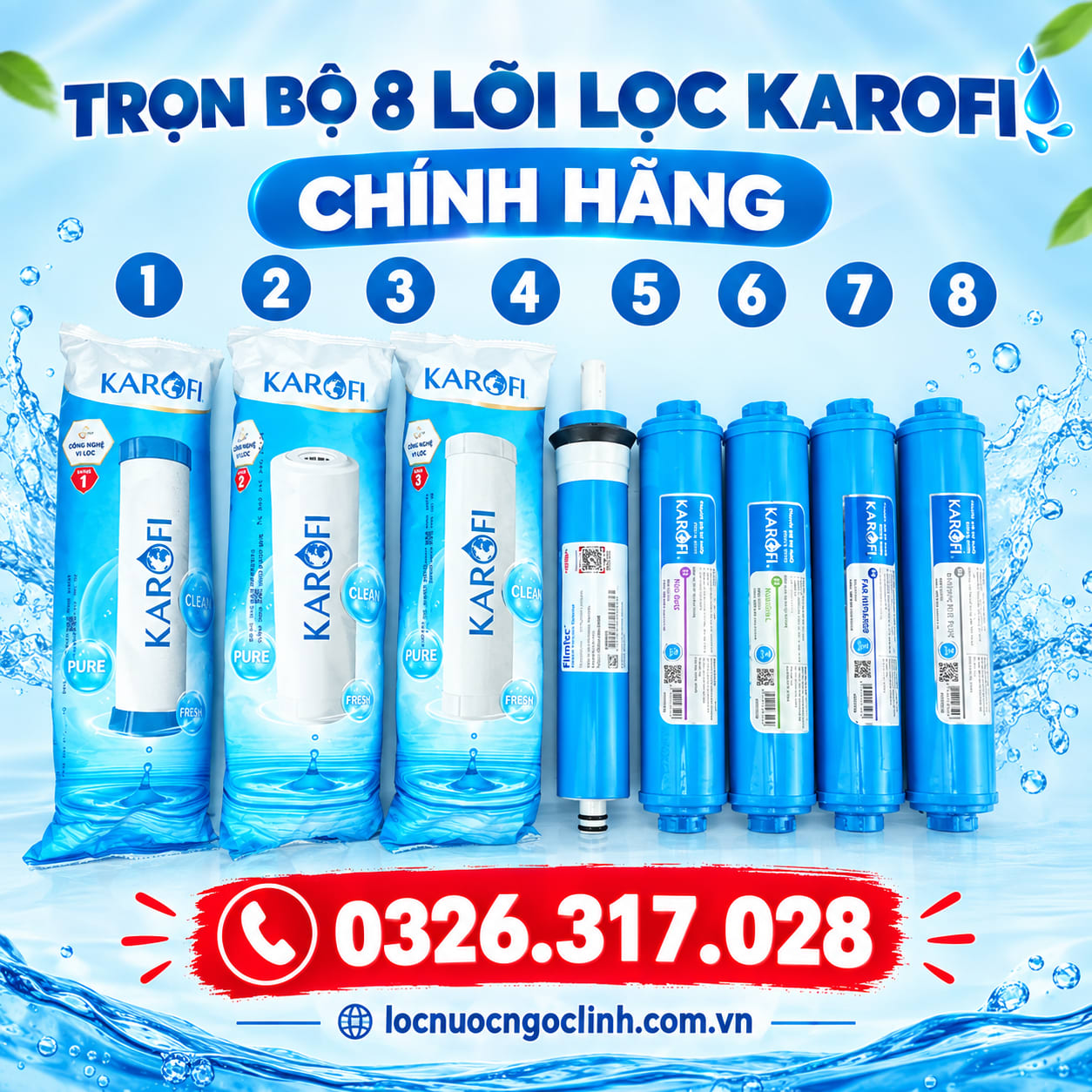 Trọn Bộ 8 Lõi Lọc Karofi Chính Hãng – Đầy Đủ Từ Lọc Thô Đến Màng RO Dupont, Nano Silver