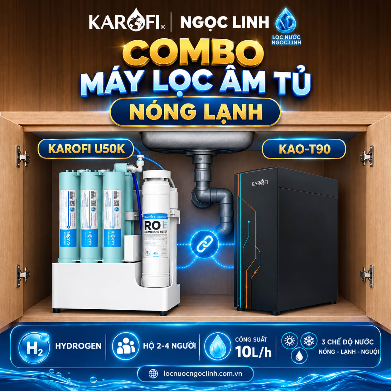 Combo Máy lọc nước âm tủ nóng lạnh Karofi KAQ-U50K & KAO-T90