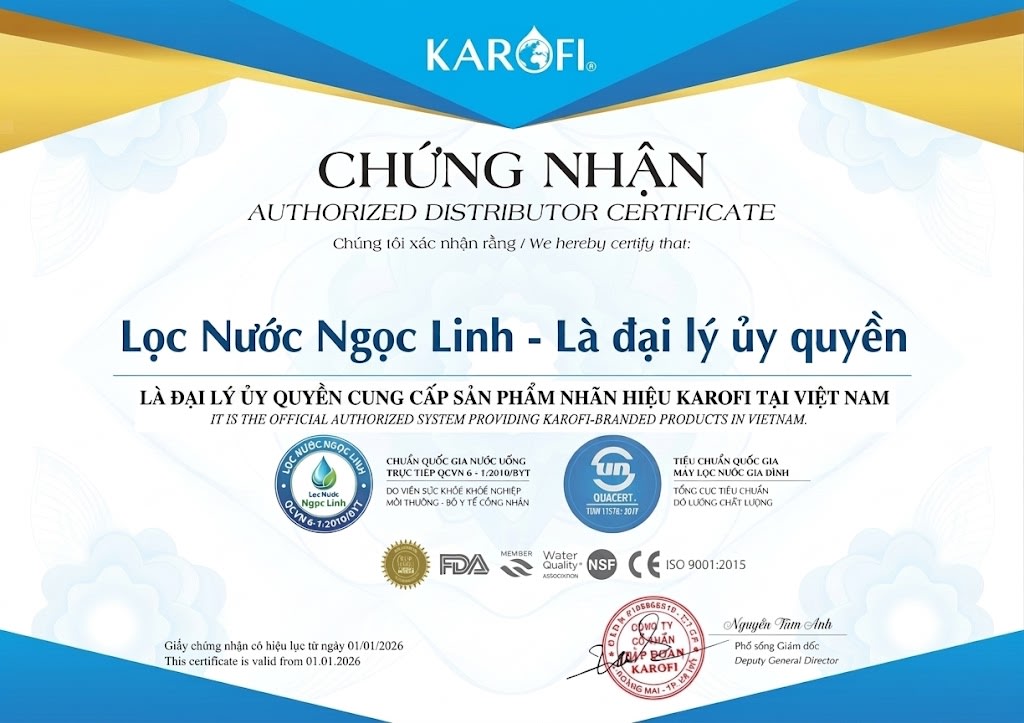 Chứng nhận đại lý ủy quyền chính thức của Tập đoàn Karofi cấp cho CÔNG TY TNHH LỌC NƯỚC NGỌC LINH