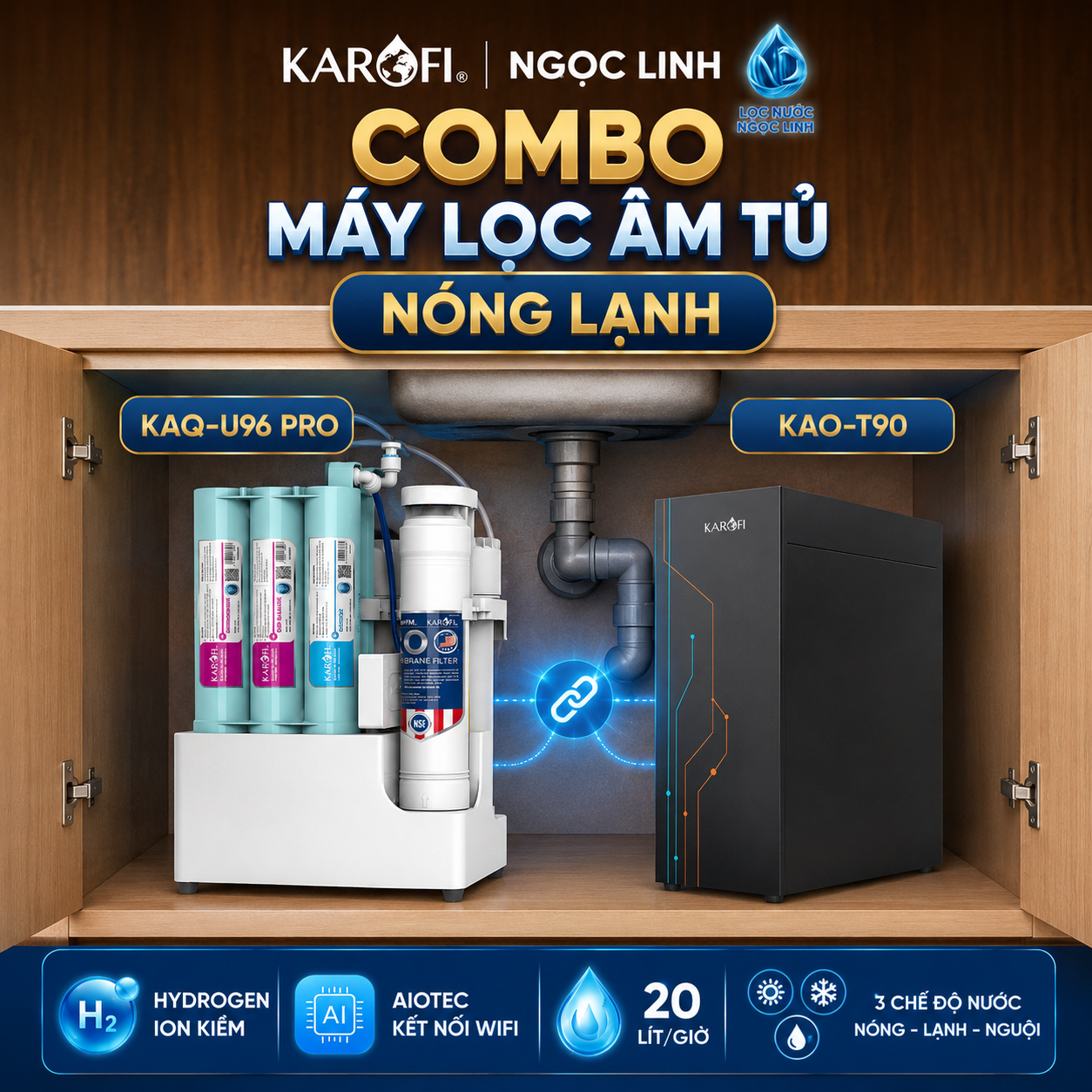 Combo Máy Lọc Nước Âm Tủ Nóng Lạnh Karofi KAQ-U96 Pro + KAO-T90