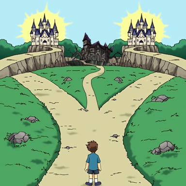 Two Paths meme template: A young boy stands at a fork in a path, looking towards two castles on distant hills. One castle is bright and majestic, the other is dark and ominous.