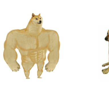Buff Doge Vs Cheems meme template: The left panel shows a very muscular, buff doge. The right panel shows a sad, dejected Cheems (a shiba inu) with tears in its eyes.