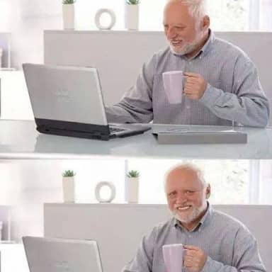 Hide The Pain Harold meme template: A smiling older man carries an uneasy expression beneath the smile, making the image read as polite composure hiding discomfort.
