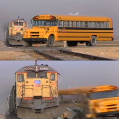 A Train Hitting A School Bus meme template: Top panel: A school bus is stopped on train tracks in front of an oncoming train. Bottom panel: The train has collided with the school bus.
