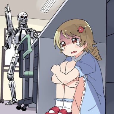 Anime Girl Hiding From Terminator meme template: A crying anime girl is hiding behind a desk. A Terminator robot stands in the background, holding a gun.