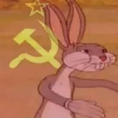 Communist Bugs Bunny meme template: Bugs Bunny with a hammer and sickle symbol in the background. He is gesturing to an unseen entity.