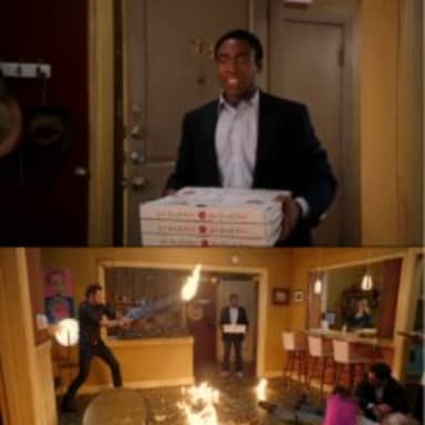 Community Fire Pizza meme template: Top panel: A person in a suit carries multiple pizza boxes into a room. Bottom panel: The same person stands in a room that is on fire, with people around him reacting with panic.
