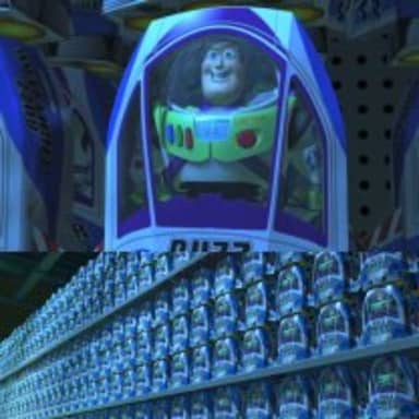 Buzz Lightyear Clones meme template: Top panel: A single Buzz Lightyear toy in his spaceship cockpit. Bottom panel: Rows and rows of identical Buzz Lightyear toys on shelves.