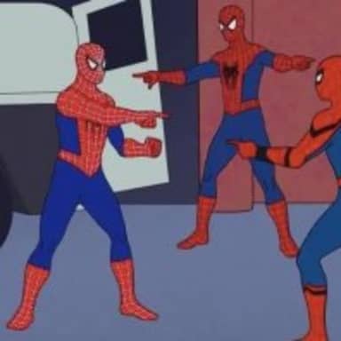 3 Spiderman Pointing meme template: Three Spider-Men in their respective costumes point at each other simultaneously.