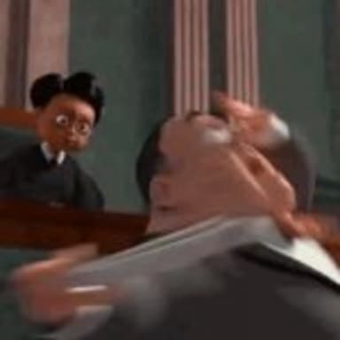 Bee Movie Lawyer Tantrum meme template: A judge in the background looks concerned as a man in the foreground reacts dramatically, arms flailing.