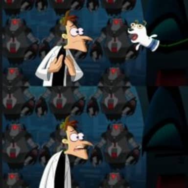 2 Nickels meme template: Two panels of Dr. Doofenshmirtz looking shocked/disgusted, with Perry the Platypus's hand appearing from the right in the first panel. The background is a dark room with multiple identical robots.