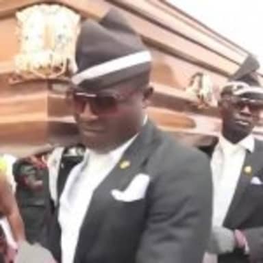 Coffin Dance meme template: A group of pallbearers in suits and sunglasses carrying a coffin, often depicted with upbeat music.