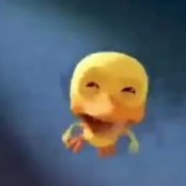 Crying Duck meme template: A blurry, cartoonish yellow duckling with its eyes squeezed shut and a wide, goofy grin, appearing to float or fall.
