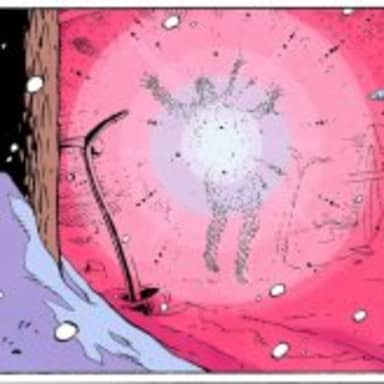 Dr Manhattan Explosive Arguments meme template: Two panels; on the left, a figure is atomizing into a bright light and dust. On the right, Dr. Manhattan stands impassively, pointing.