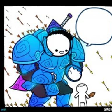Blue Armor Guy meme template: A tiny person with a sword stands next to a giant figure in blue, ornate armor, both surrounded by flying arrows.