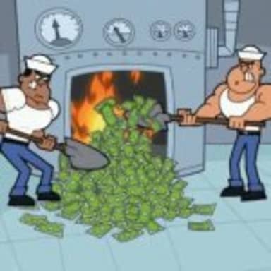 Burning Money meme template: Two cartoon sailors shoveling piles of cash into a burning furnace.