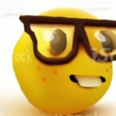3D Nerd Emoji meme template: A yellow 3D emoji with large, reflective glasses and buck teeth.