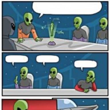 Alien Meeting Suggestion meme template: A meeting of aliens. The top panel shows aliens at a table, one pointing to a holographic display. The middle panel shows three aliens at the same table, two talking and one looking bored. The bottom panel shows one alien looking thoughtful, followed by a spaceship taking off.