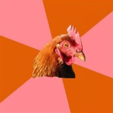 Anti Joke Chicken meme template: A chicken head looking to the right, set against a background of orange and pink radial sectors.